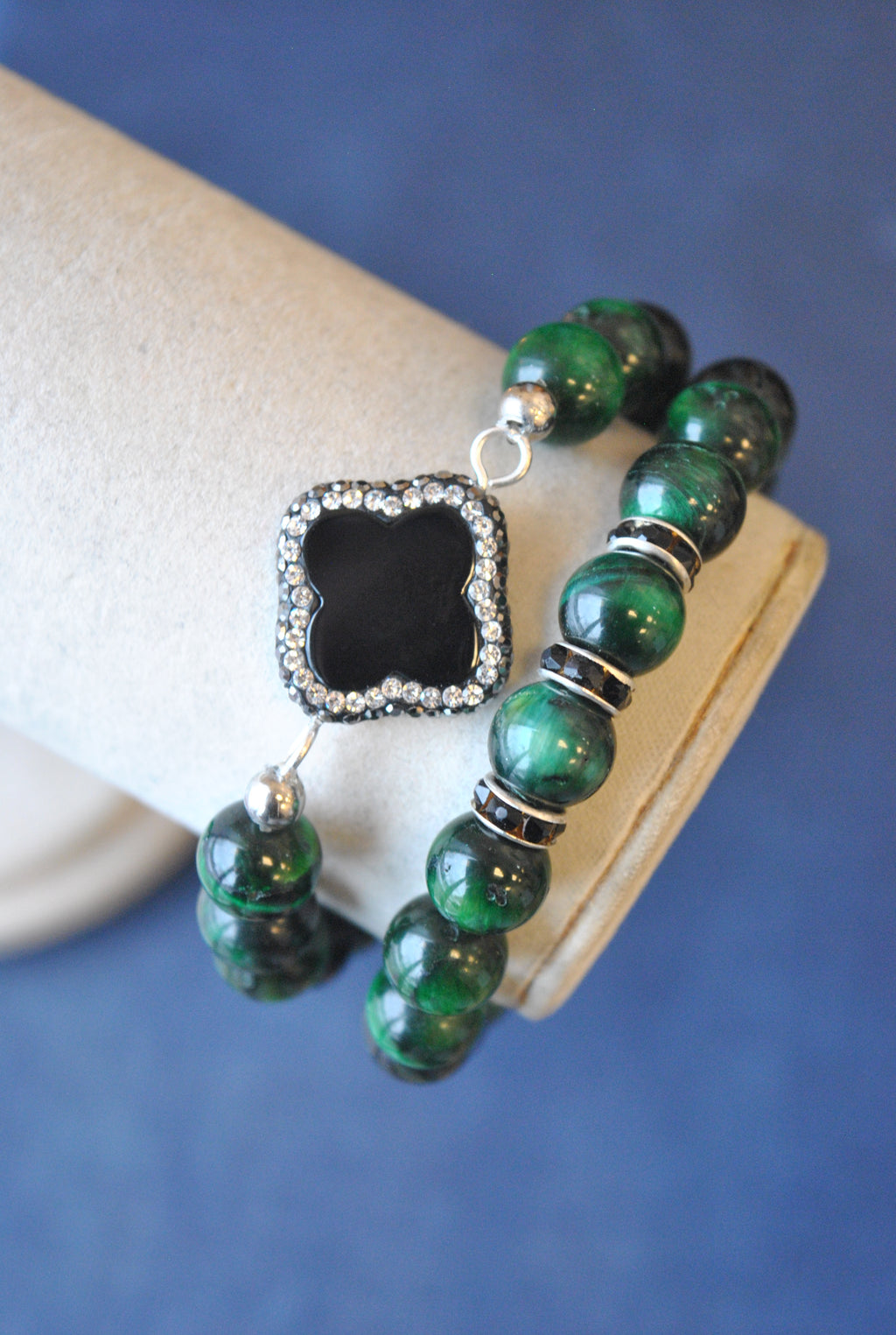 GREEN TIGEREYE AND BLACK ONYX WITH SWAROVSKI CRYSTALS BRACELETS SET
