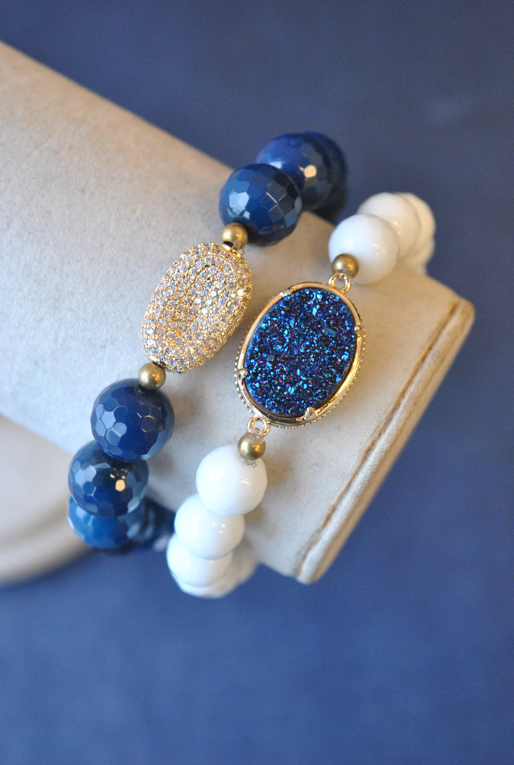 BLUE AGATE AND WHITE ONYX WITH DRUZY STRETCHY BRACELETS SET