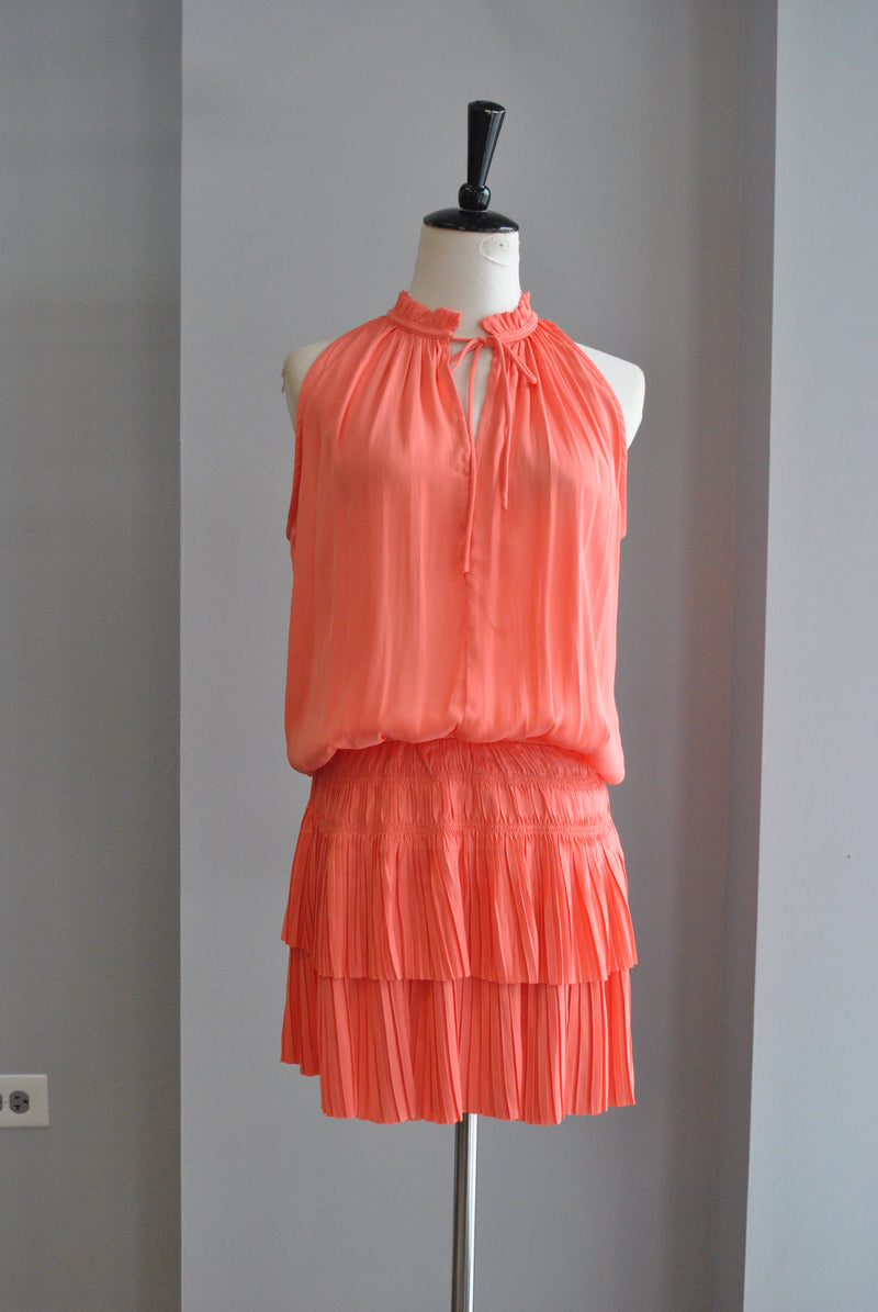 ELECTRIC ORANGE SLEEVELESS MINI DRESS WITH ELASTIC WAIST