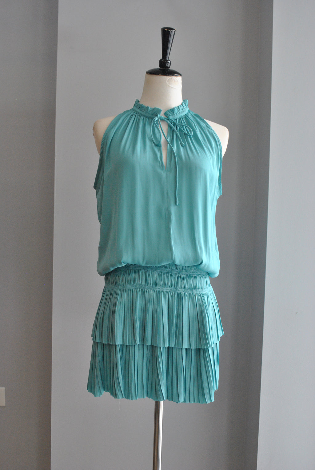 TEAL SILKY SLEEVELESS TUNIC SUMMER DRESS WITH ELASTIC WAIST