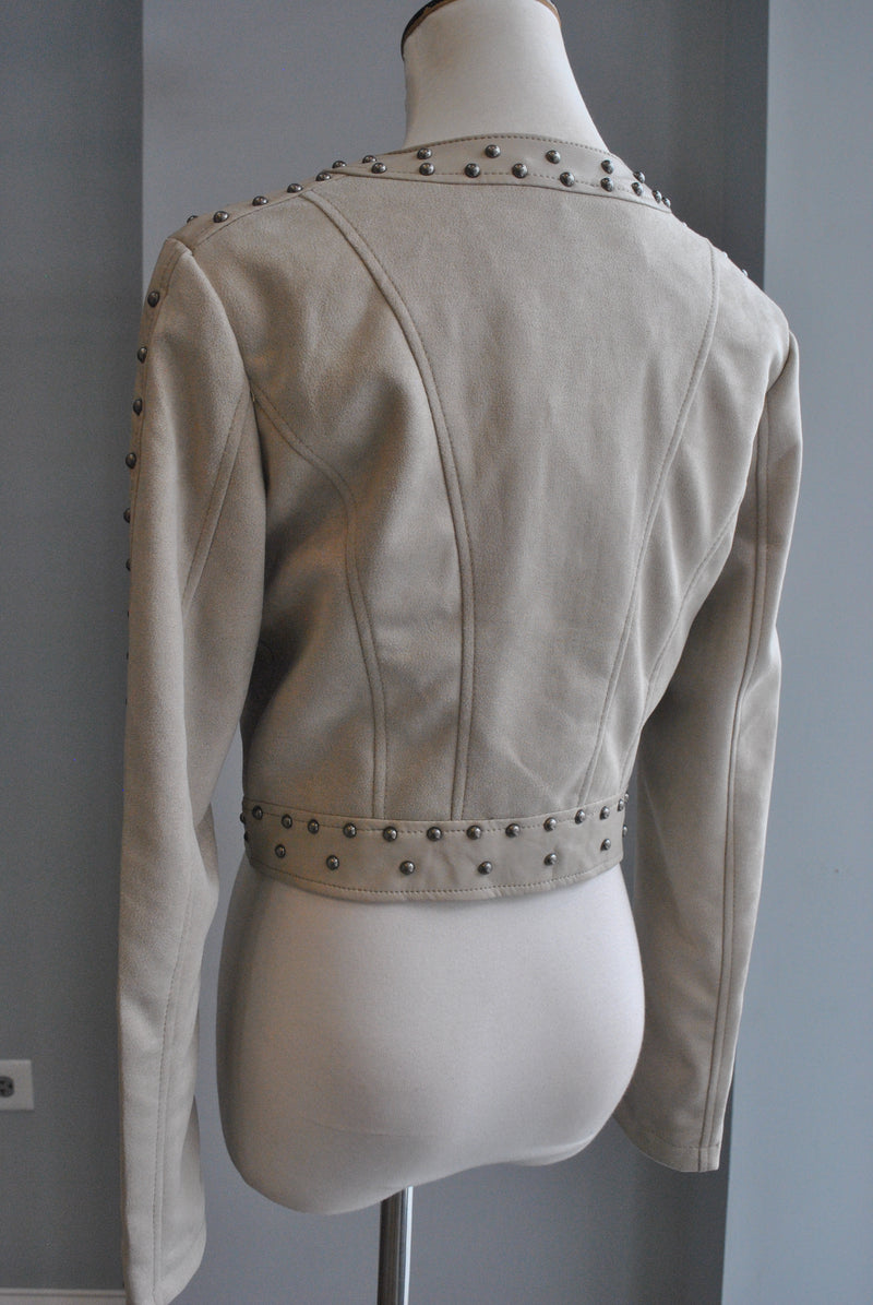 TAUPE FAUX SUEDE CROPPED JACKET WITH STUDS