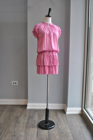 PINK SILKY SUMMER MINI DRESS WITH ELASTIC WAIST