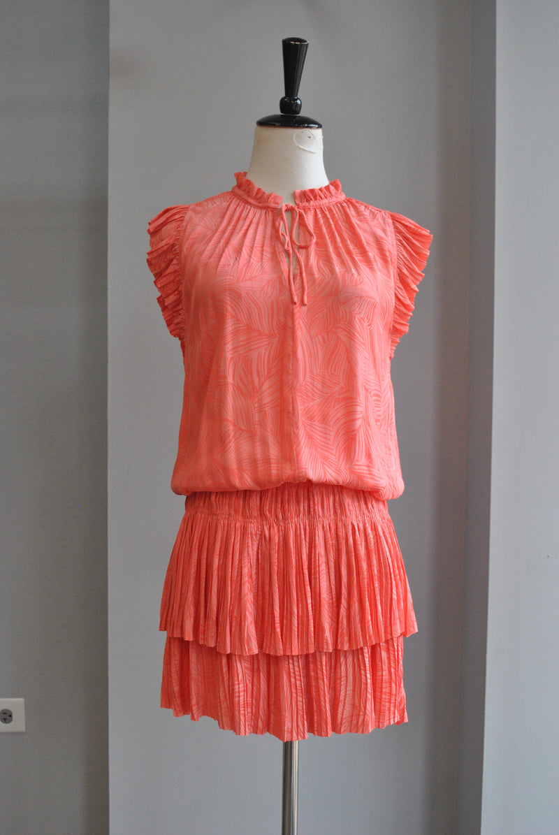 ORANGE SILKY SUMMER DRESS WITH SHORT SLEEVES AND ELASTIC WAIST