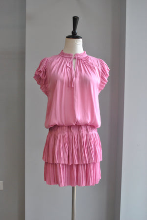 PINK SILKY SUMMER MINI DRESS WITH ELASTIC WAIST