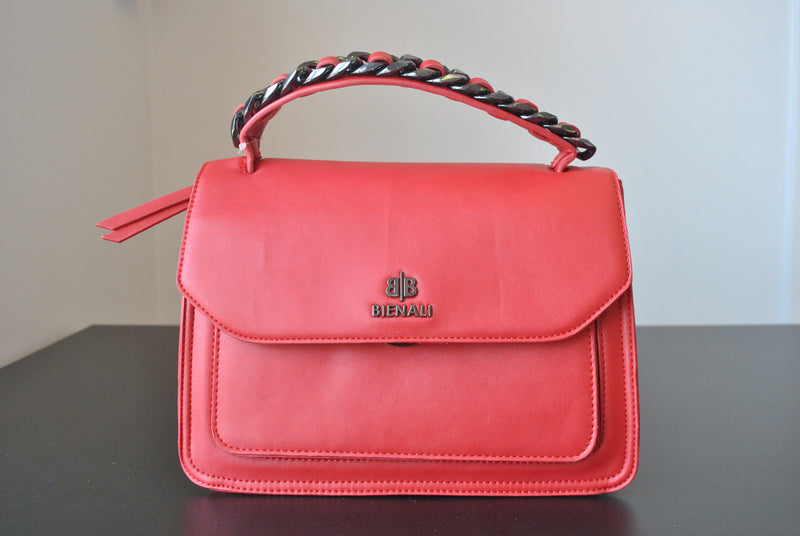 RED FAUX LEATHER SATCHEL / CROSSBODY HANDBAG WITH CHAIN DETAILS
