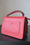 RED FAUX LEATHER SATCHEL / CROSSBODY HANDBAG WITH CHAIN DETAILS