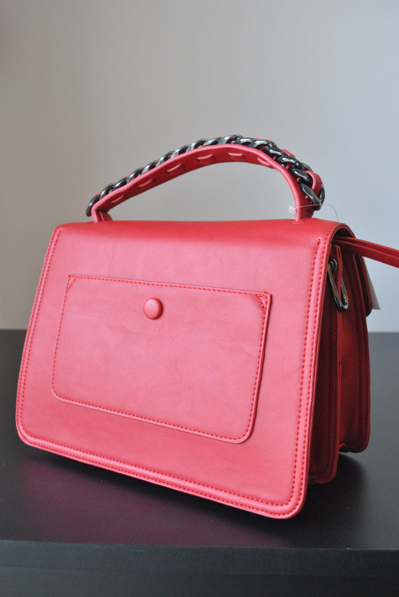RED FAUX LEATHER SATCHEL / CROSSBODY HANDBAG WITH CHAIN DETAILS