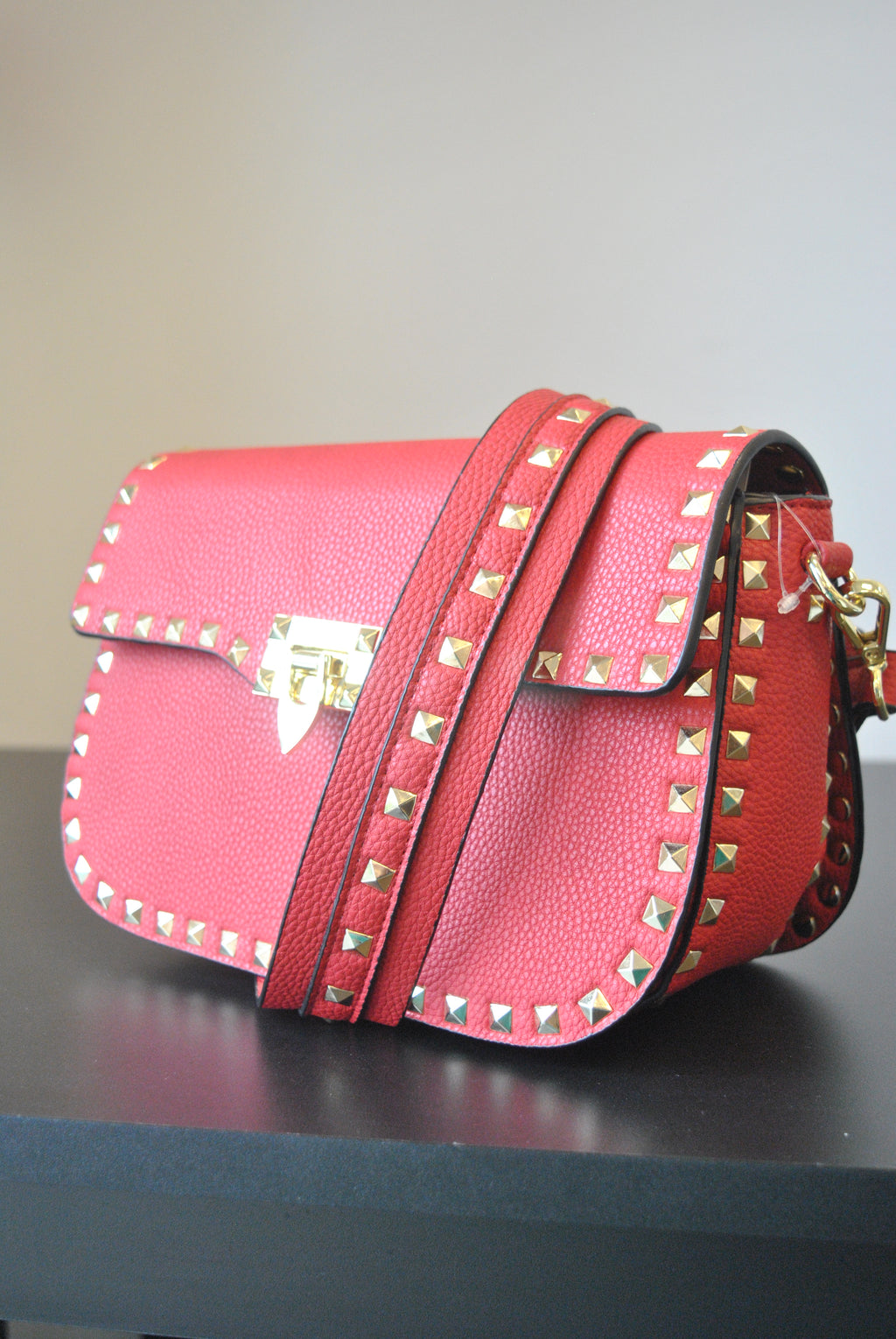 RED CROSSBODY BAB WITH GOLD STUDS