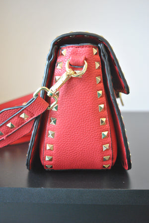 RED CROSSBODY BAB WITH GOLD STUDS