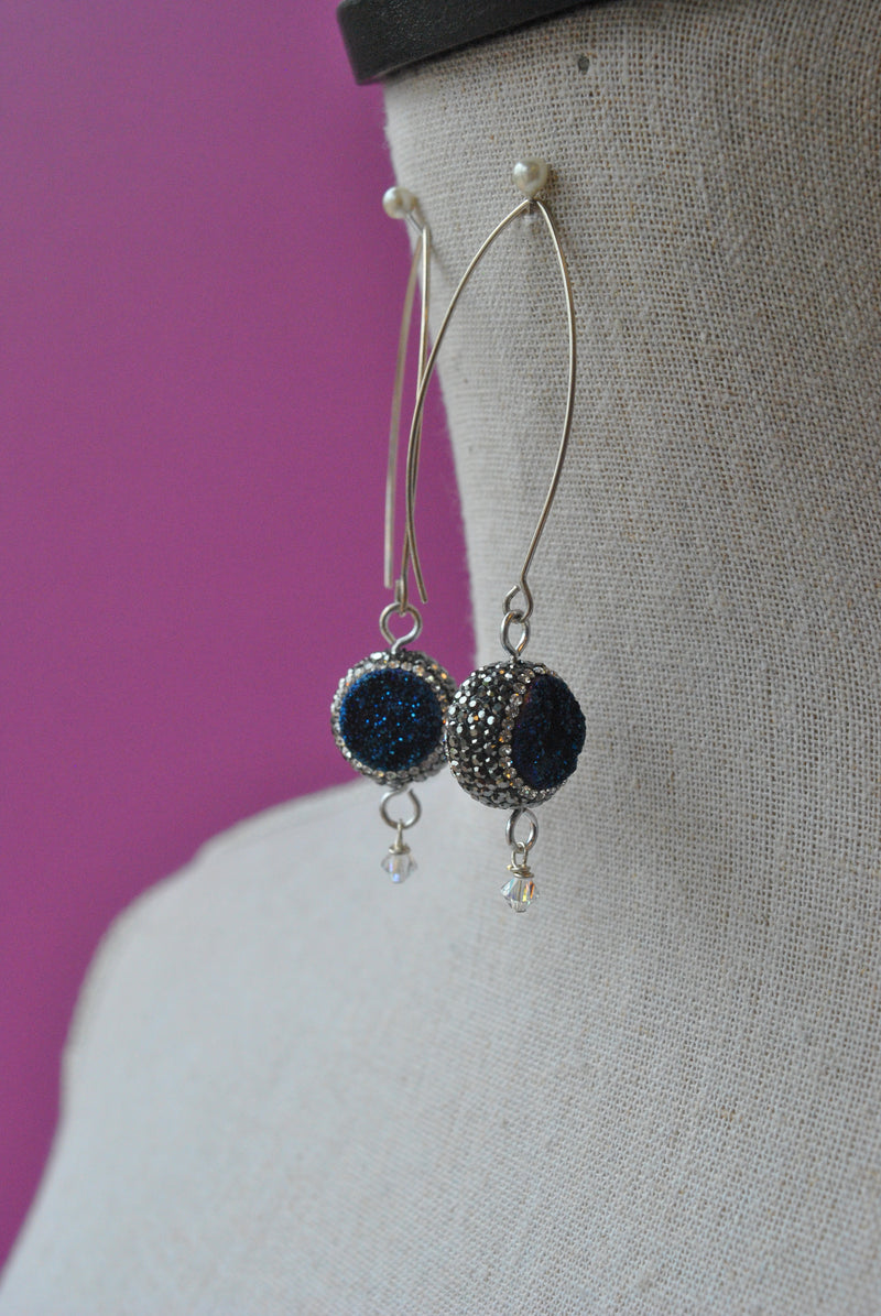 ROYAL BLUE DRUZY AND SWAROVSKI CRYSTALS LONG STATEMENT EARRINGS