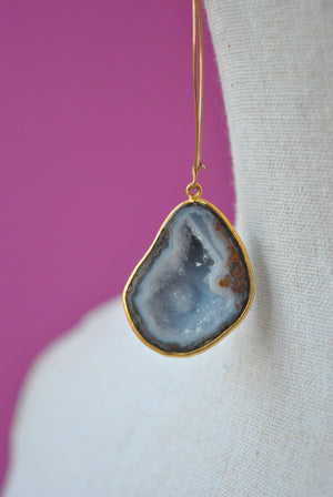 BLUE LACE AGATE WITH DRUZY RAW LONG STATEMENT EARRINGS