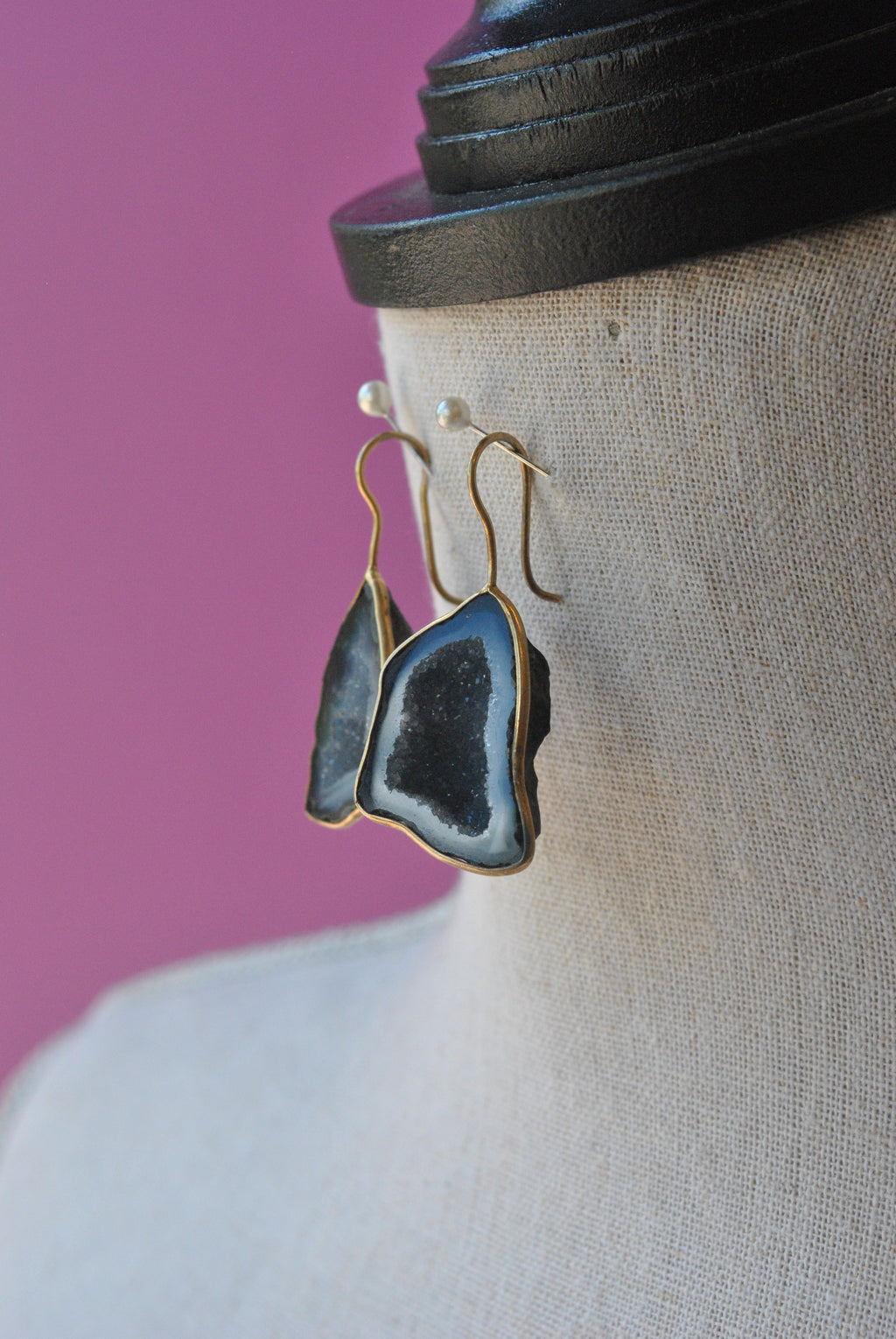 BLACK RAW AGATE WITH DRUZY ON GOLD STATEMENT EARRINGS