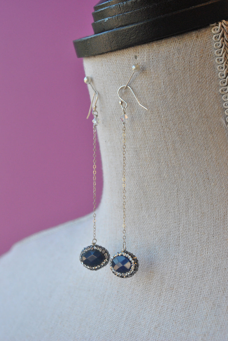 LAPIS AND SWAROVSKI CRYSTALS SILVER CHAIN LONG EARRINGS