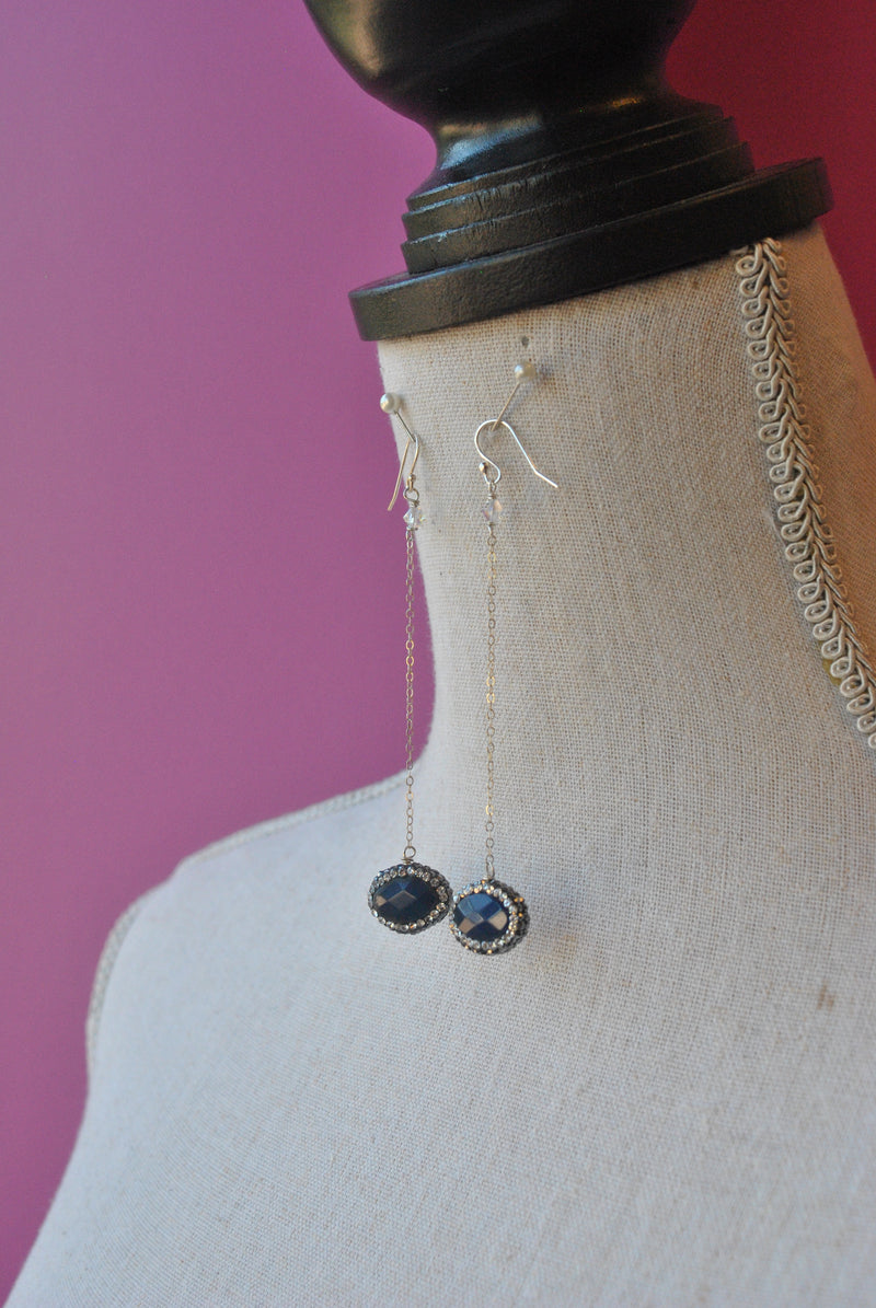 LAPIS AND SWAROVSKI CRYSTALS SILVER CHAIN LONG EARRINGS