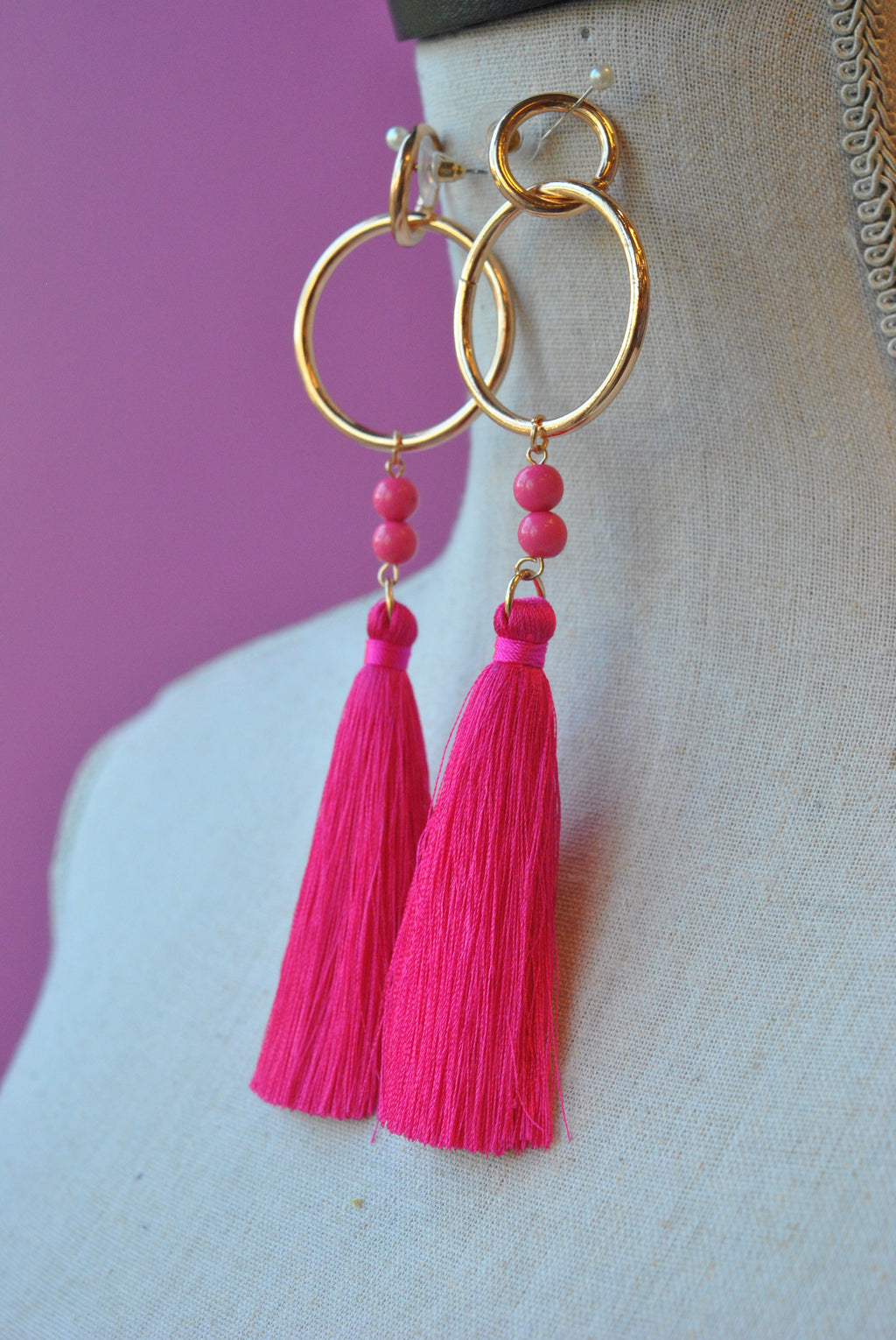 FASHION COLLECTION - HOT PINK FRINGE LONG EARRINGS