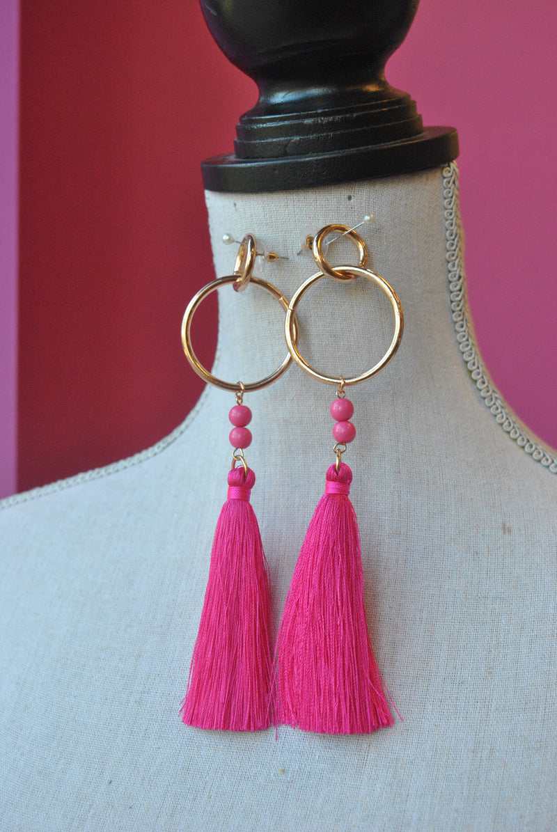 FASHION COLLECTION - HOT PINK FRINGE LONG EARRINGS