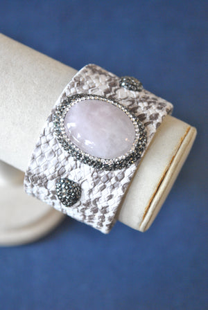 TAUPE ECO LEATHER WITH ROSE QUARTZ AND SWRAOVSKI CRYSTALS CUFF