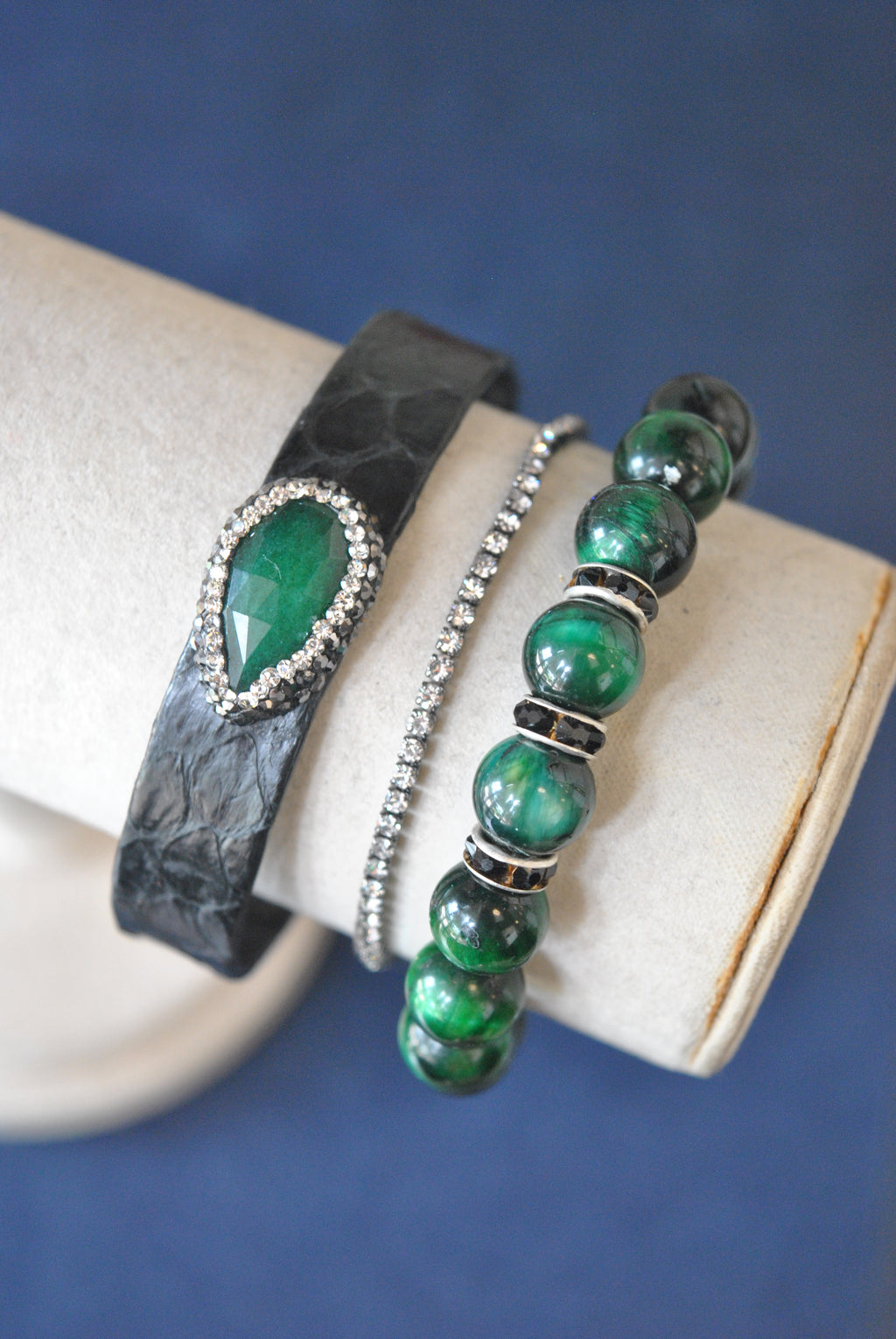 BLACK AND EMERALD GREEN ECO LEATHER CUFF, CRYSTALS AND GREEN TIGEREYE BRACELETS