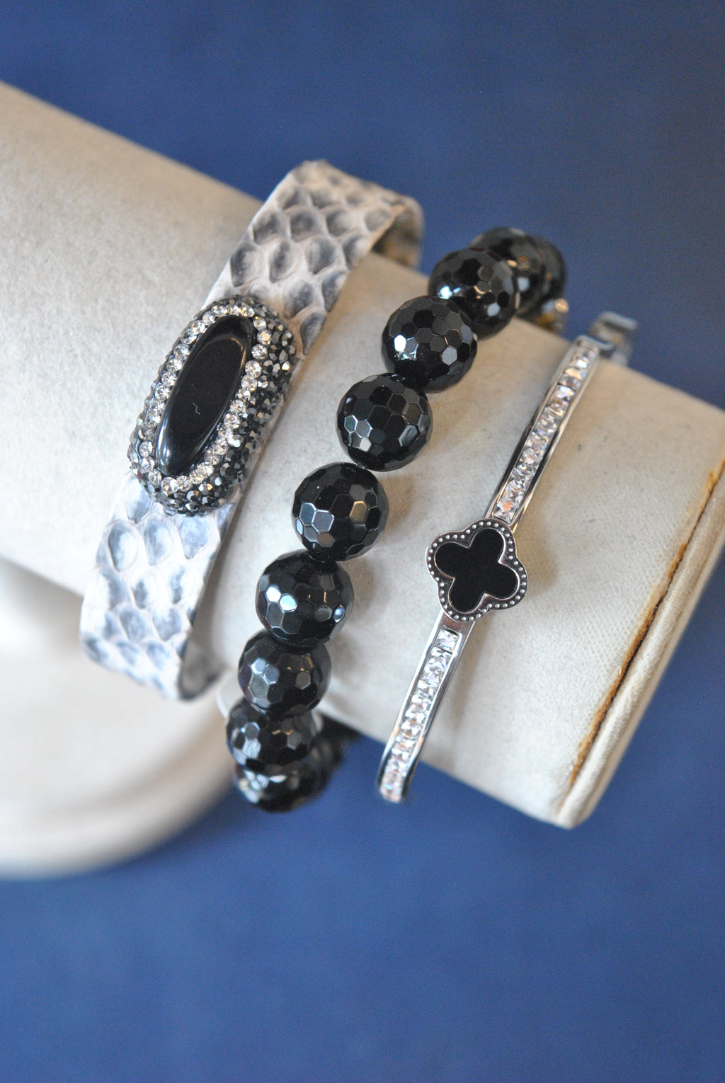 BLACK ONYX TAUPE ECO LEATHER CUFF AND CRYSTAL BANGLE BRACELET SET