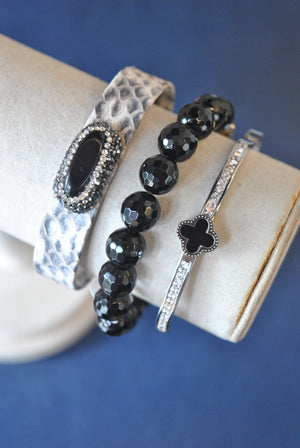 BLACK ONYX TAUPE ECO LEATHER CUFF AND CRYSTAL BANGLE BRACELET SET