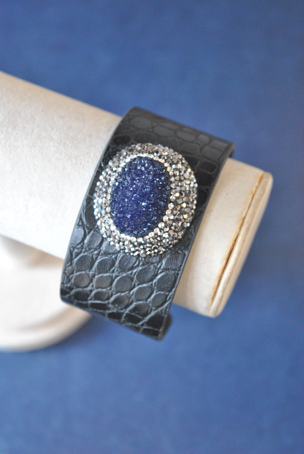 BLACK ECO LEATHER WITH ROYAL BLUE DRUZY AND SWAROVSKI CRYSTALS CUFF