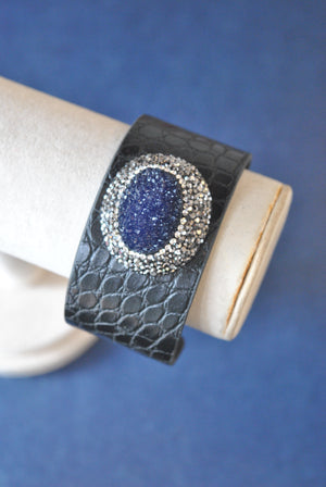 BLACK ECO LEATHER WITH ROYAL BLUE DRUZY AND SWAROVSKI CRYSTALS CUFF