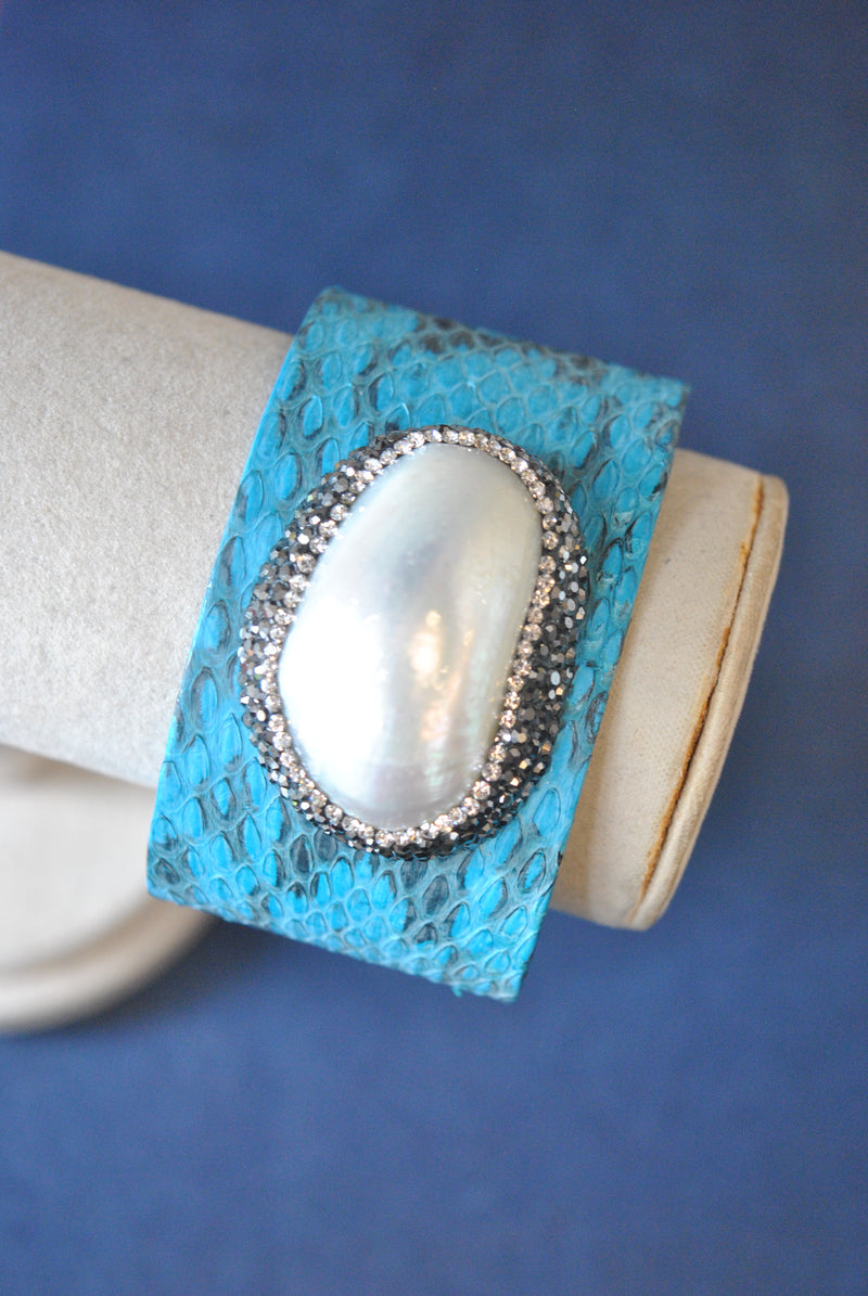 BLUE ECO LEATHER WITH SHELL AND SWAROVSKI CRYSTALS CUFF