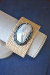 BEIGE ECO LEATHER CUFF WITH WHITE SHELL AND SWAROVSKI CRYSTALS