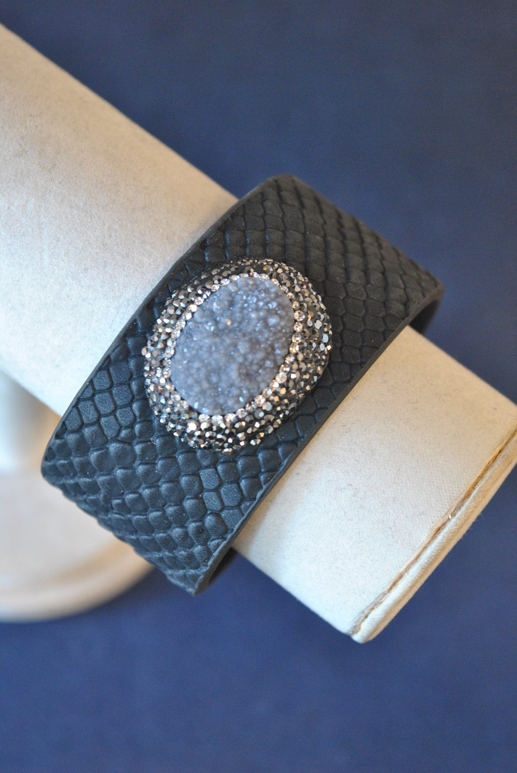 BLACK ECO LEATHER CUFF WITH DRUZY AND SWAROVSKI CRYSTALS