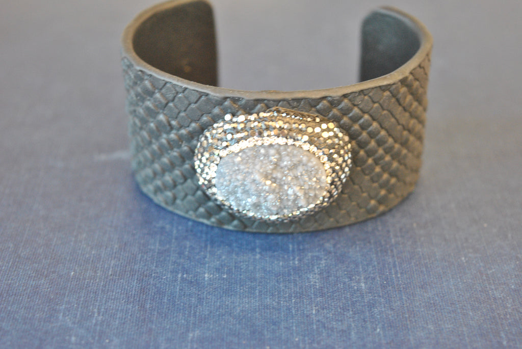 BLACK ECO LEATHER CUFF WITH DRUZY AND SWAROVSKI CRYSTALS