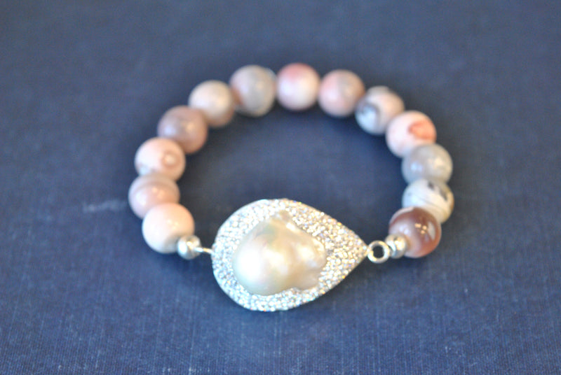 PINK BOTSWANA AGATE WITH MOTHER OF PEARLS AND SWAROVSKI CRYSTALS STATEMENT STRETCHY BRACELET