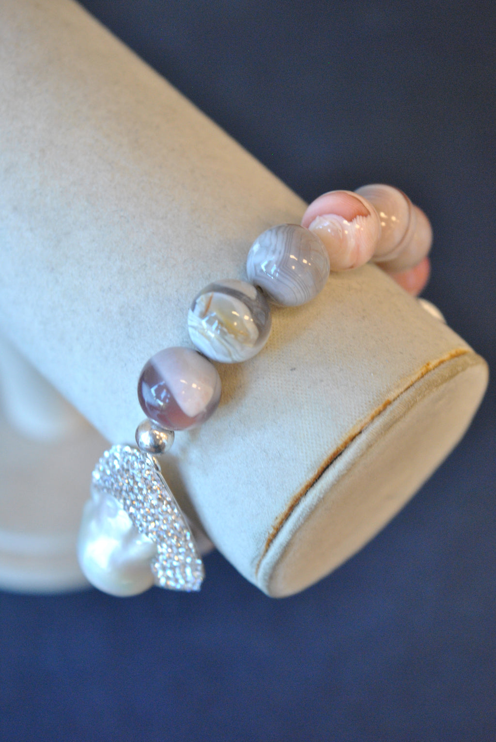 PINK BOTSWANA AGATE WITH MOTHER OF PEARLS AND SWAROVSKI CRYSTALS STATEMENT STRETCHY BRACELET