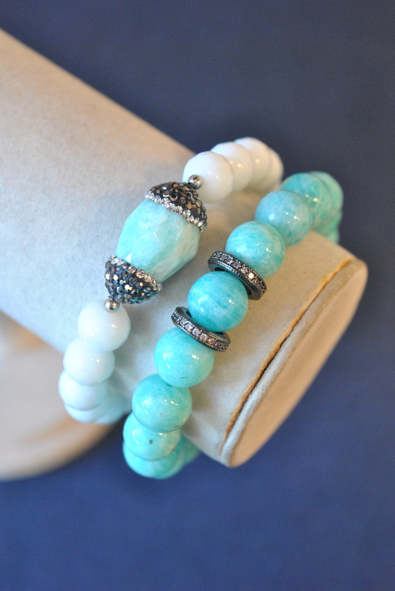 WHITE ONYX AND AMAZONITE STRETCHY BRACELETS SET