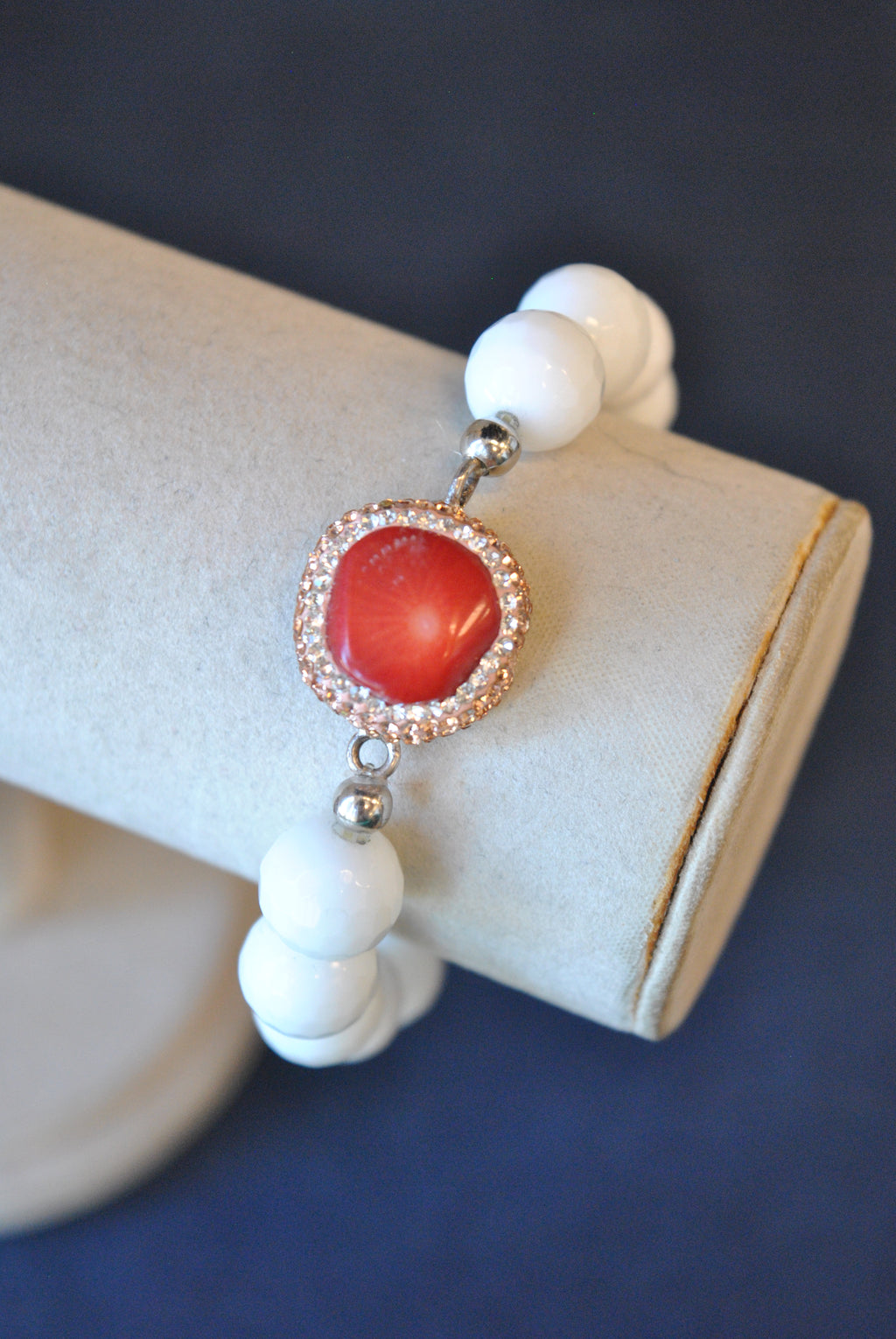 WHITE ONYX AND RED CORAL WITH SWAROVSKI CRYSTALS