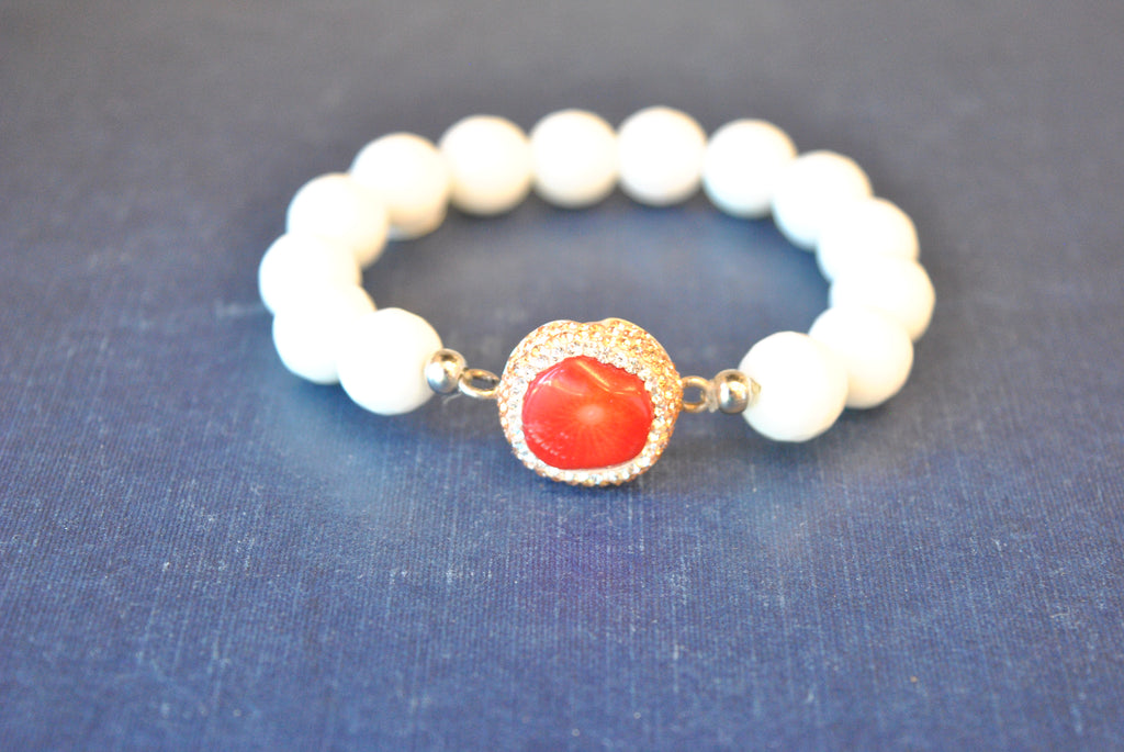 WHITE ONYX AND RED CORAL WITH SWAROVSKI CRYSTALS