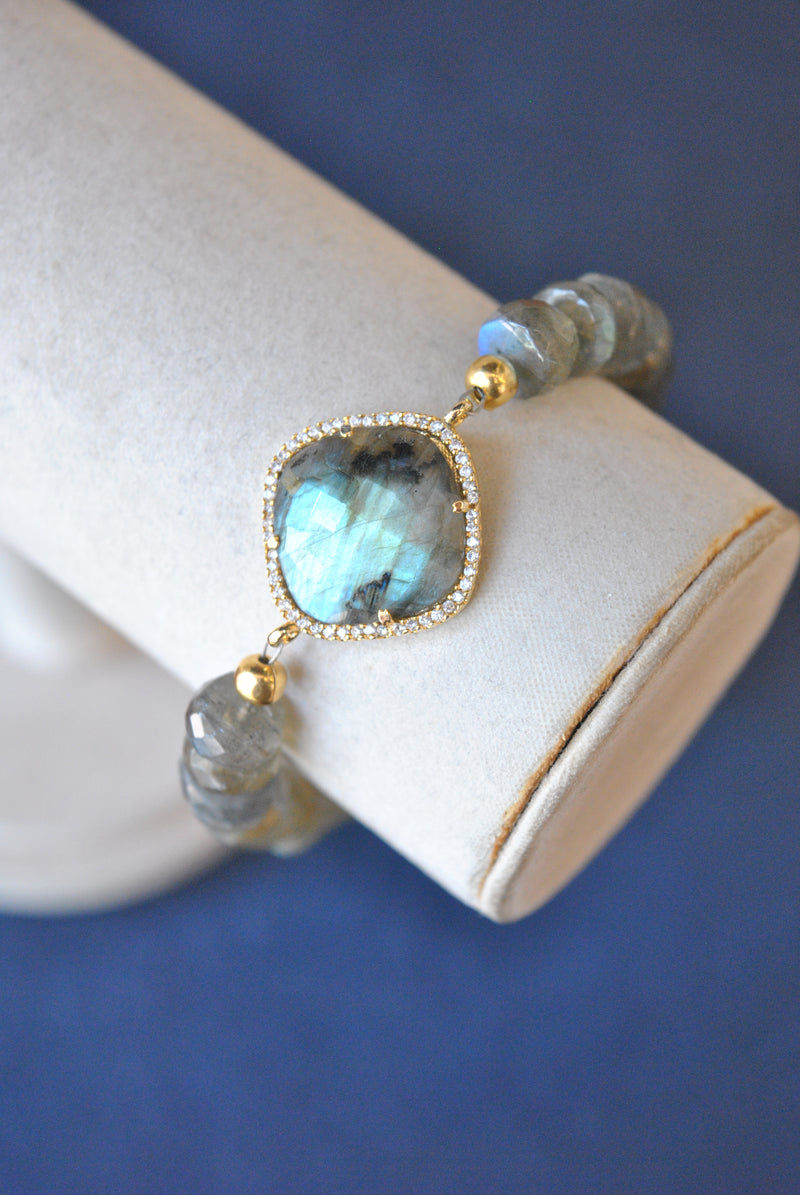 LABRADORITE AND RHINESTONES GOLD FINISH BRACELET