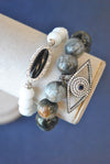WHITE AND BLACK ONYX AND GREY EAGLE EYE STRETCHY BRACELETS SET