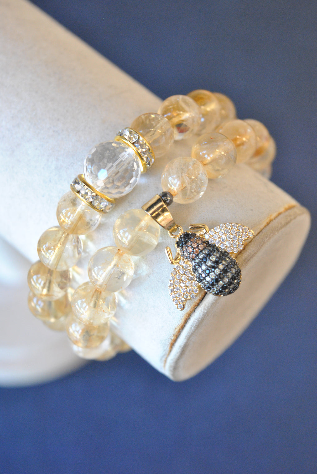 CITRINE STRETCHY BRACELETS SET WITH GOLD BEE CHARM