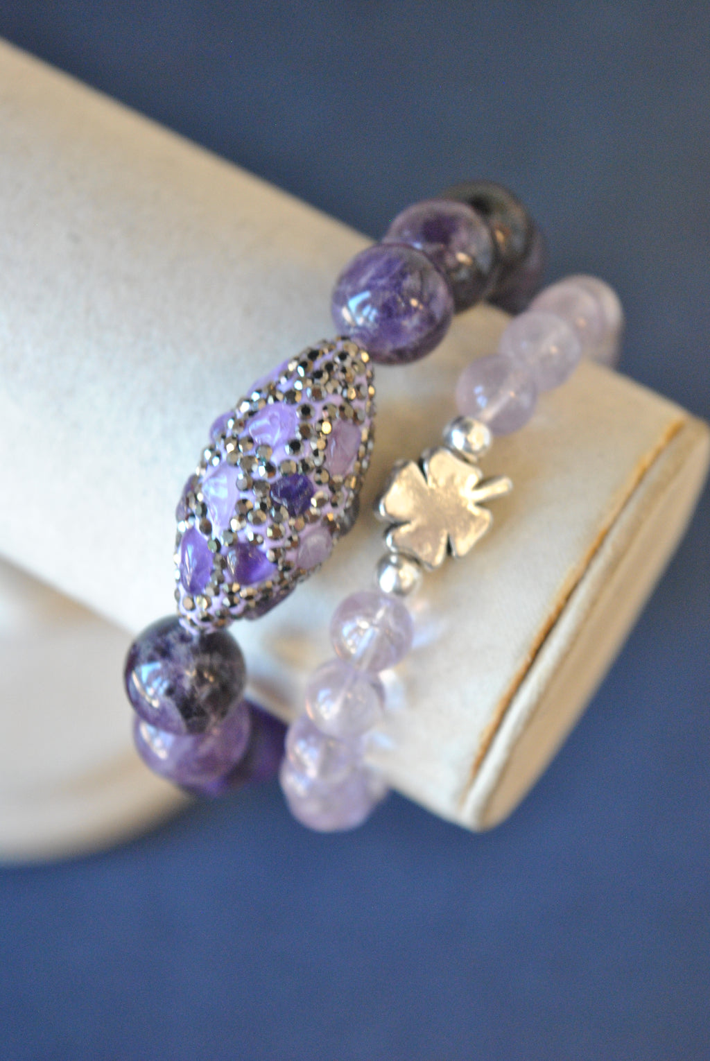 PURPLE AND LAVENDER AMETHYST WITH SWAROVSKI CRYSTALS STRETCHY BRACELETS SET
