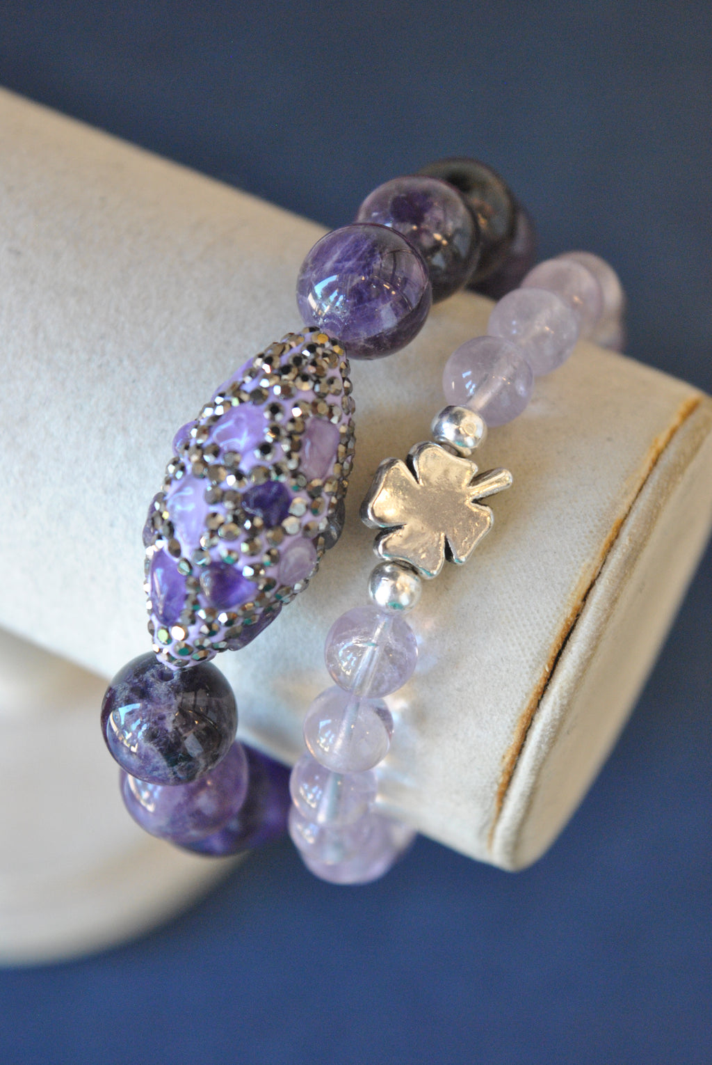 PURPLE AND LAVENDER AMETHYST WITH SWAROVSKI CRYSTALS STRETCHY BRACELETS SET