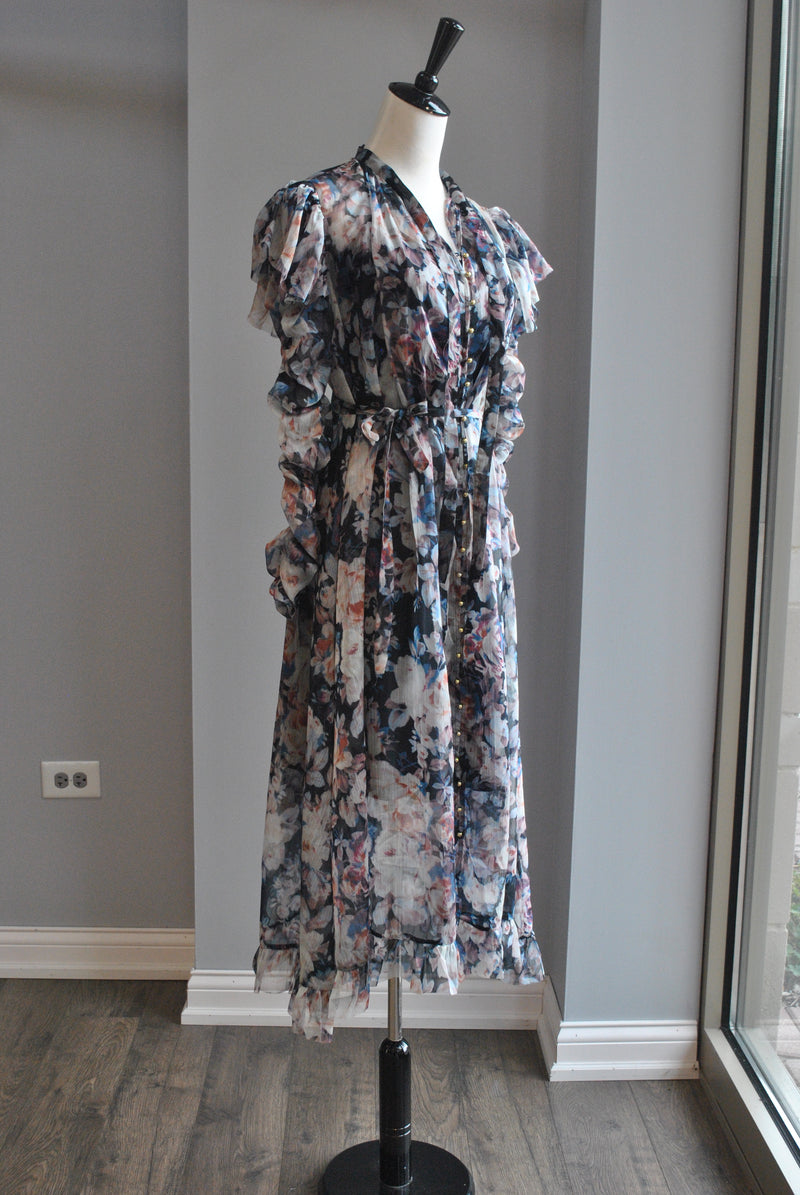 BLUE FLOWER FLOWY DRESS WITH A STATEMENT SLEEVES
