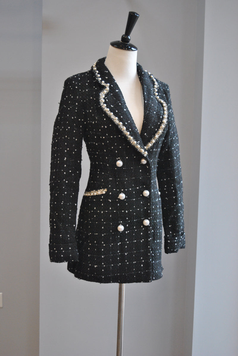 BLACK TWEED FIT JACKET WITH PEARL DETAILS