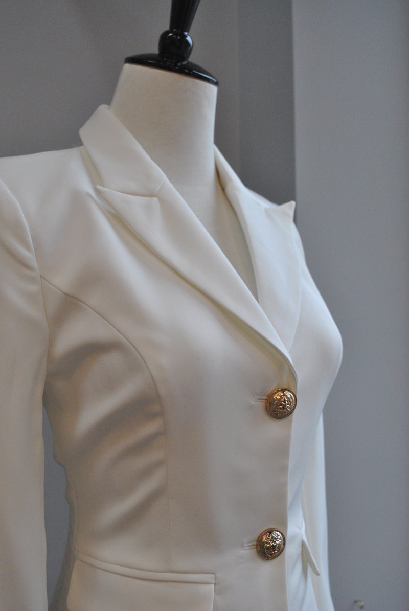 WHITE JACKET DRESS WITH GOLD BUTTONS