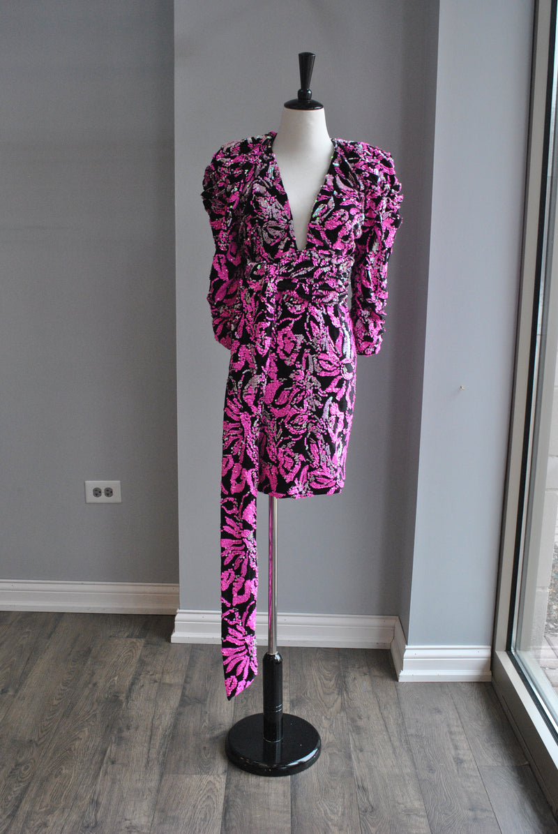 FUSCHIA PINK AND BLACK SEQUINS PARTY DRESS WITH STATEMENT SLEEVES