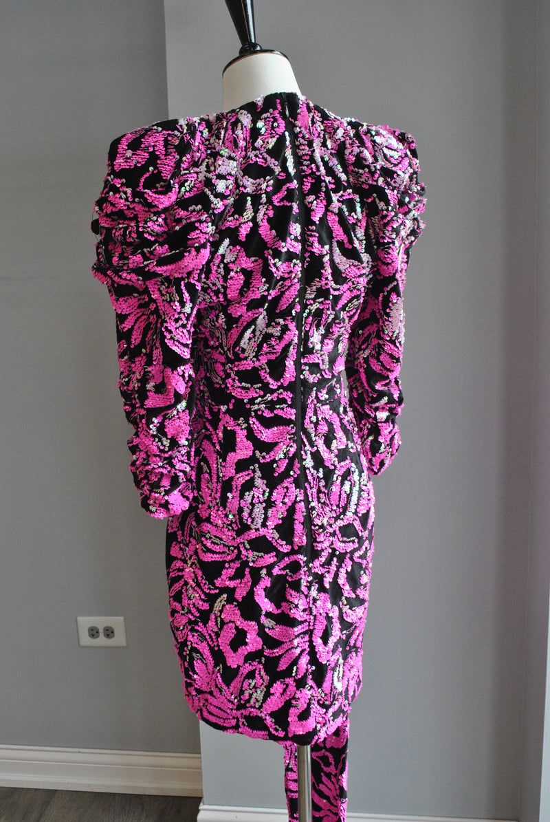 FUSCHIA PINK AND BLACK SEQUINS PARTY DRESS WITH STATEMENT SLEEVES