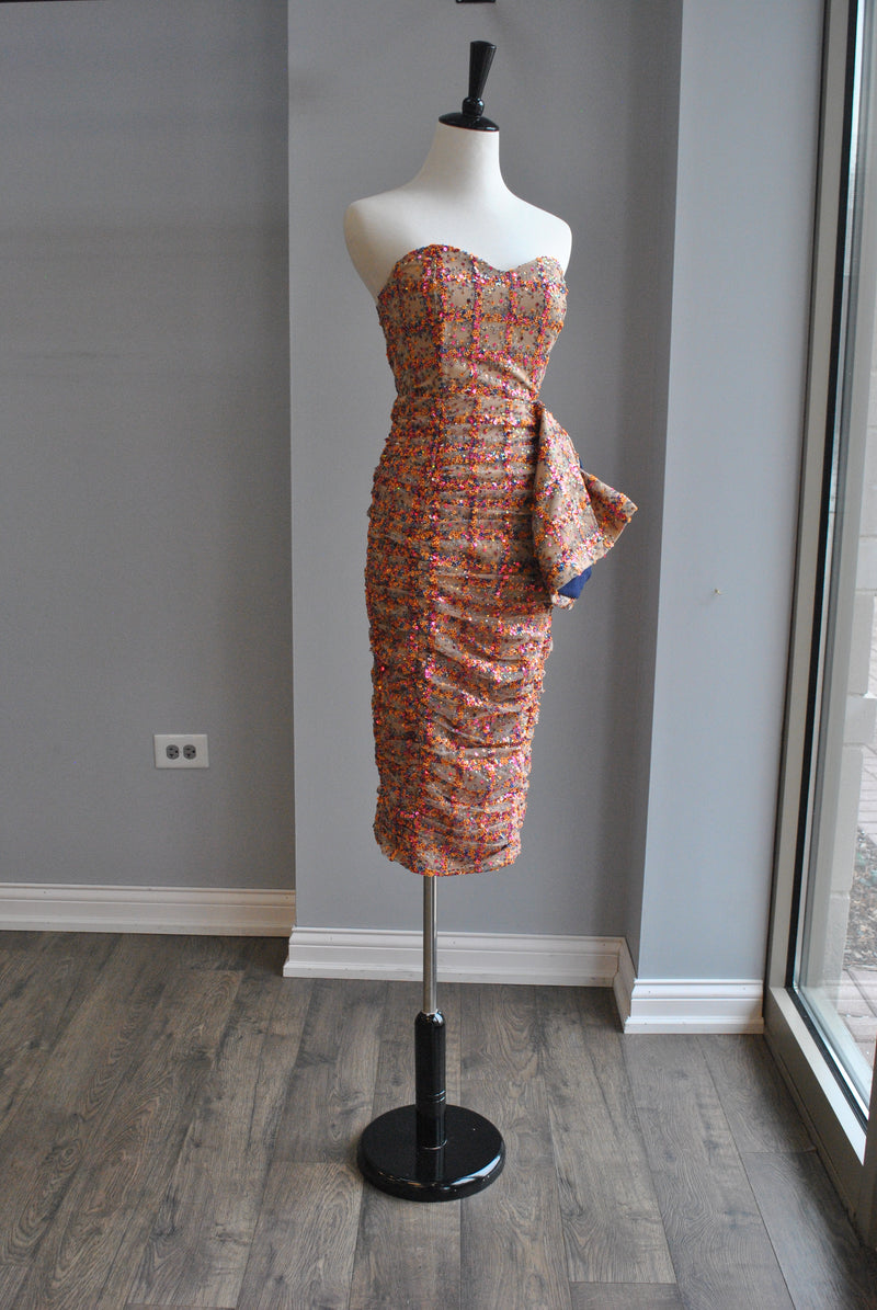 CLEARANCE - MULTICOLOR STRAPLESS SEQUIN MESH DRESS