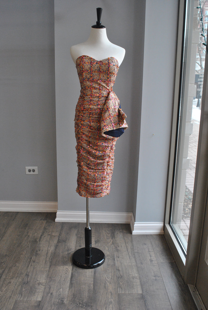 CLEARANCE - MULTICOLOR STRAPLESS SEQUIN MESH DRESS