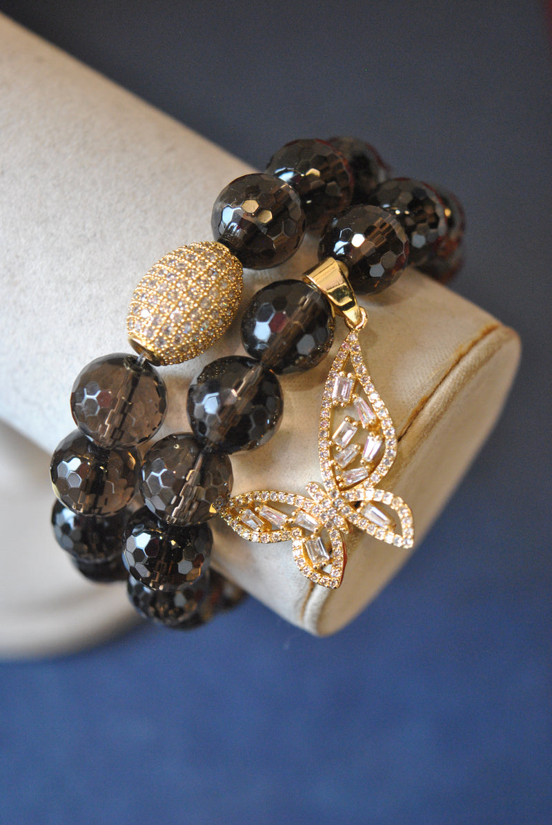 SMOKY QUARTZ AND GOLD BUTTERFLY CHARM STRETCHY BRACELETS SET