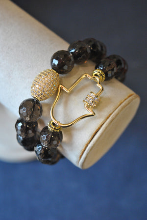 SMOKY QUARTZ AND HAMSA RHINESTONES STRETCHY BRACELET SET