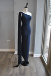 NAVY BLUE ASYMMETRIC DRESS WITH SIDE SLIP